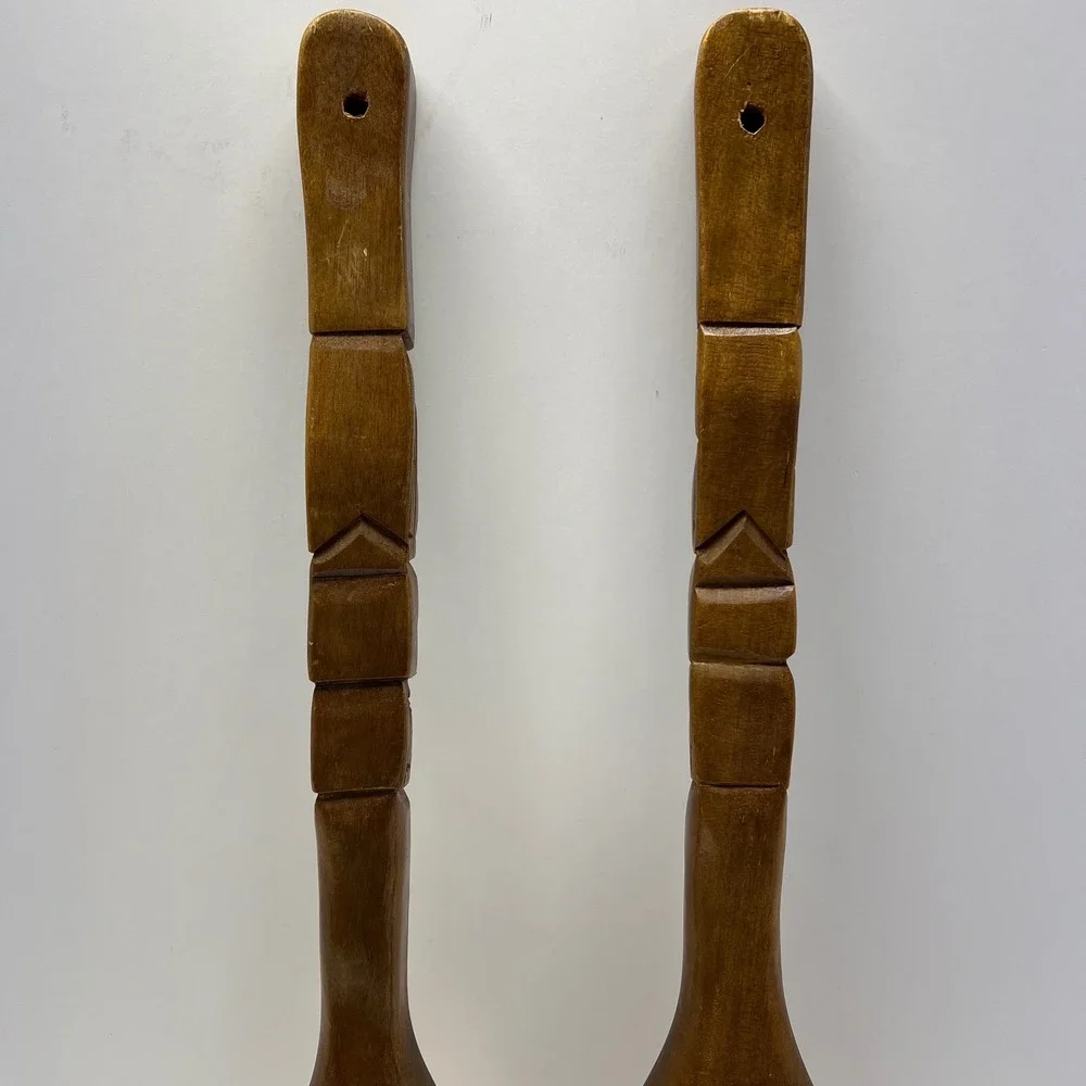 Vintage Hand Carved Wooden Tiki Totem Spoon‎ and Fork Wall Decor Set 21 Inch MCM